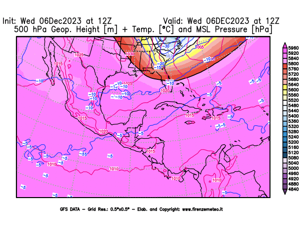 GFS analysi map - Geopotential + Temp. at 500 hPa + Sea Level Pressure in Central America
									on December 6, 2023 H12