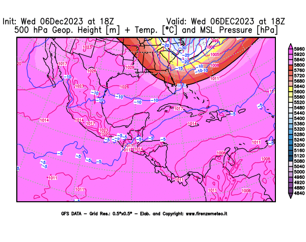 GFS analysi map - Geopotential + Temp. at 500 hPa + Sea Level Pressure in Central America
									on December 6, 2023 H18
