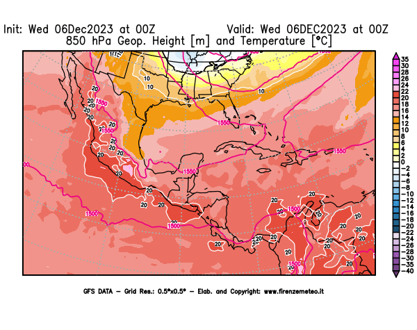 GFS analysi map - Geopotential and Temperature at 850 hPa in Central America
									on December 6, 2023 H00