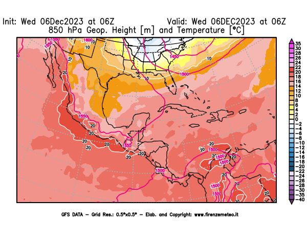 GFS analysi map - Geopotential and Temperature at 850 hPa in Central America
									on December 6, 2023 H06