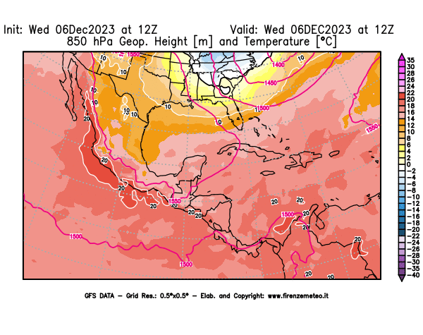 GFS analysi map - Geopotential and Temperature at 850 hPa in Central America
									on December 6, 2023 H12