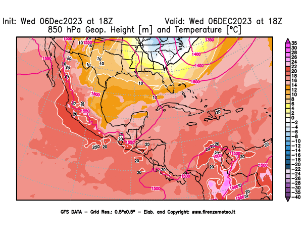 GFS analysi map - Geopotential and Temperature at 850 hPa in Central America
									on December 6, 2023 H18