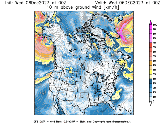 Mappa di analisi GFS - Velocità del vento a 10 metri dal suolo in Nord-America
							del 6 dicembre 2023 z00