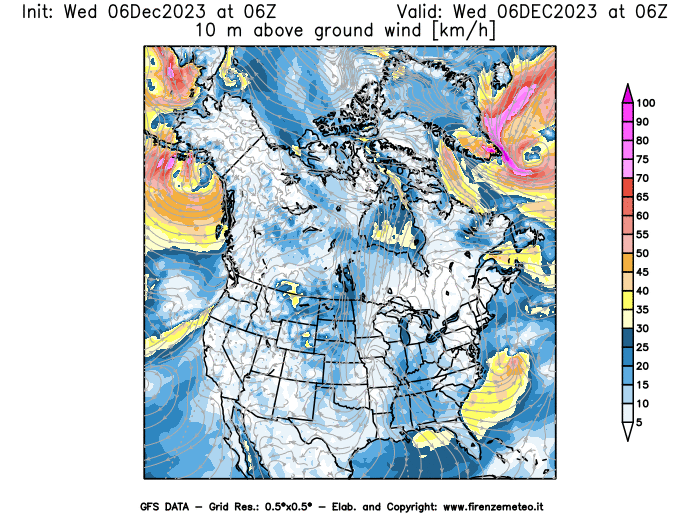 Mappa di analisi GFS - Velocità del vento a 10 metri dal suolo in Nord-America
							del 6 dicembre 2023 z06