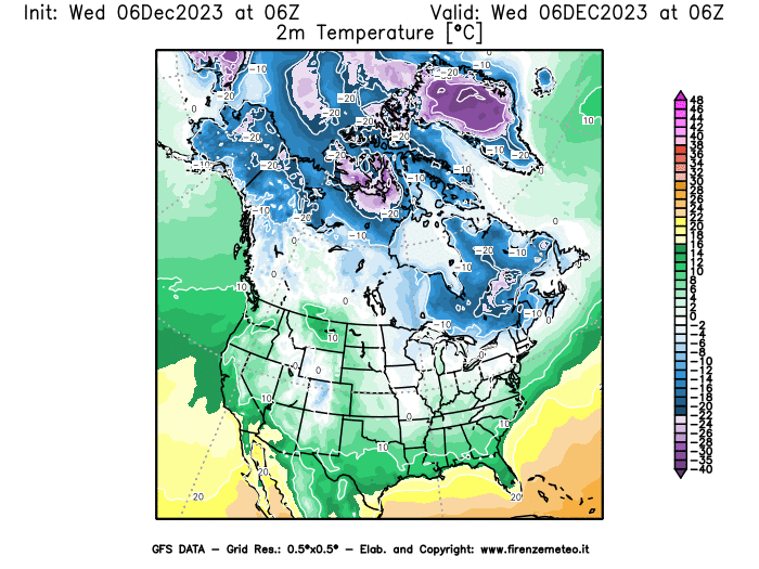 GFS analysi map - Temperature at 2 m above ground in North America
									on December 6, 2023 H06