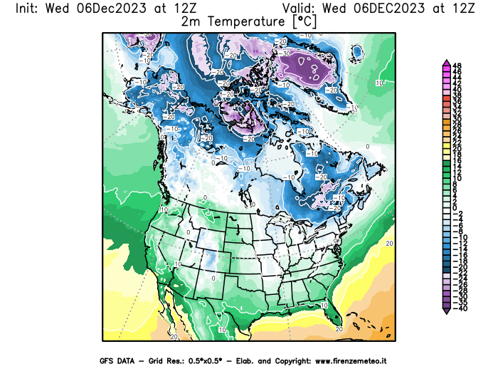 GFS analysi map - Temperature at 2 m above ground in North America
									on December 6, 2023 H12
