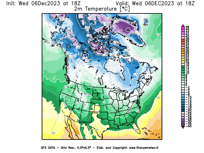 GFS analysi map - Temperature at 2 m above ground in North America
									on December 6, 2023 H18