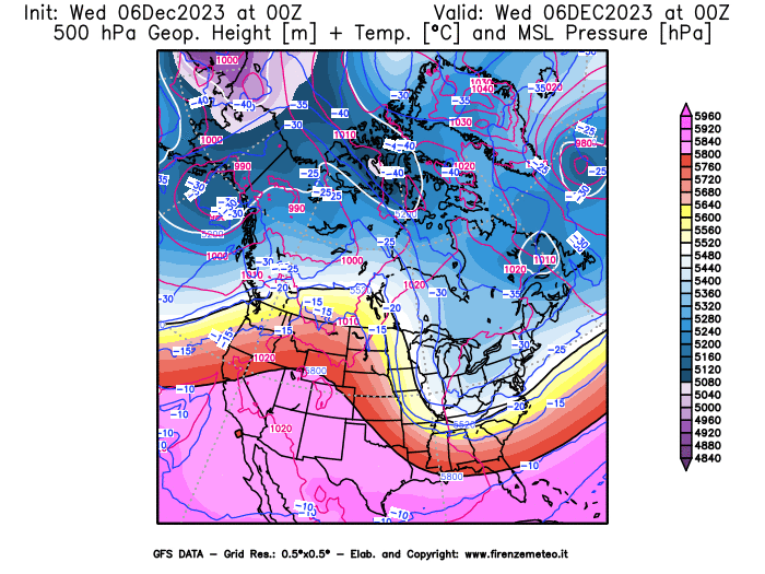 GFS analysi map - Geopotential + Temp. at 500 hPa + Sea Level Pressure in North America
									on December 6, 2023 H00