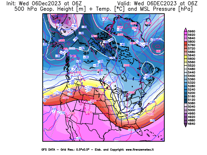 GFS analysi map - Geopotential + Temp. at 500 hPa + Sea Level Pressure in North America
									on December 6, 2023 H06