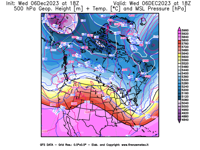 GFS analysi map - Geopotential + Temp. at 500 hPa + Sea Level Pressure in North America
									on December 6, 2023 H18