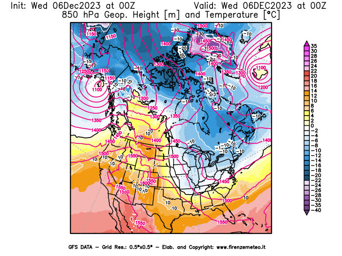 GFS analysi map - Geopotential and Temperature at 850 hPa in North America
									on December 6, 2023 H00