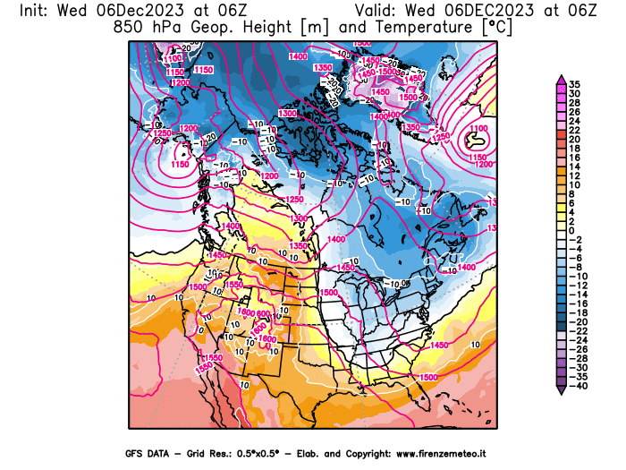 GFS analysi map - Geopotential and Temperature at 850 hPa in North America
									on December 6, 2023 H06