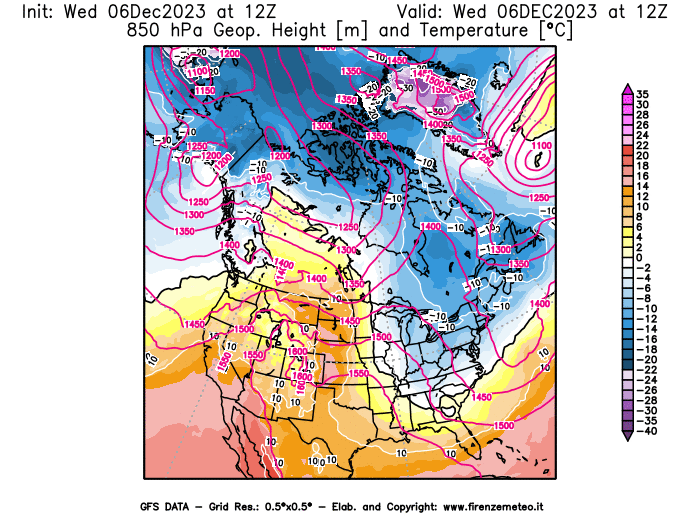 GFS analysi map - Geopotential and Temperature at 850 hPa in North America
									on December 6, 2023 H12