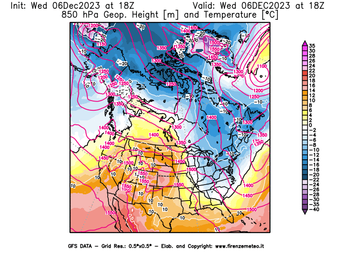 GFS analysi map - Geopotential and Temperature at 850 hPa in North America
									on December 6, 2023 H18