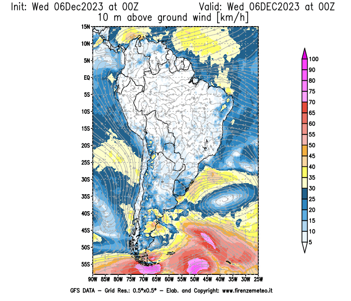 Mappa di analisi GFS - Velocità del vento a 10 metri dal suolo in Sud-America
							del 6 dicembre 2023 z00