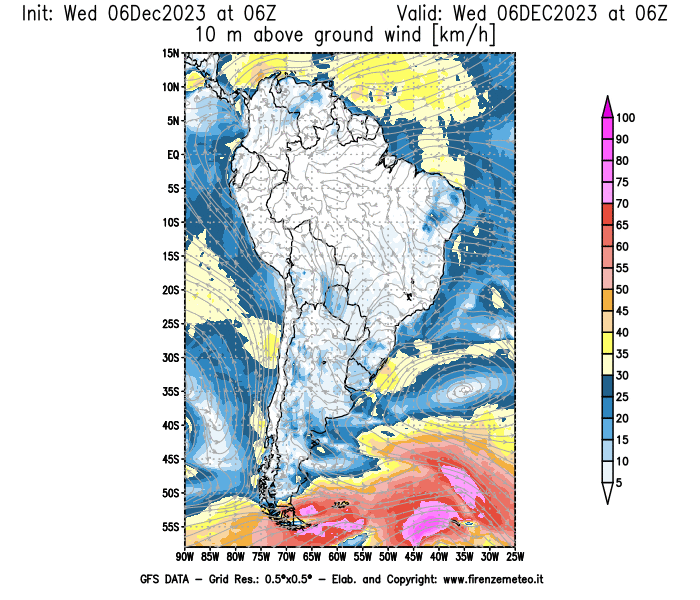 Mappa di analisi GFS - Velocità del vento a 10 metri dal suolo in Sud-America
							del 6 dicembre 2023 z06