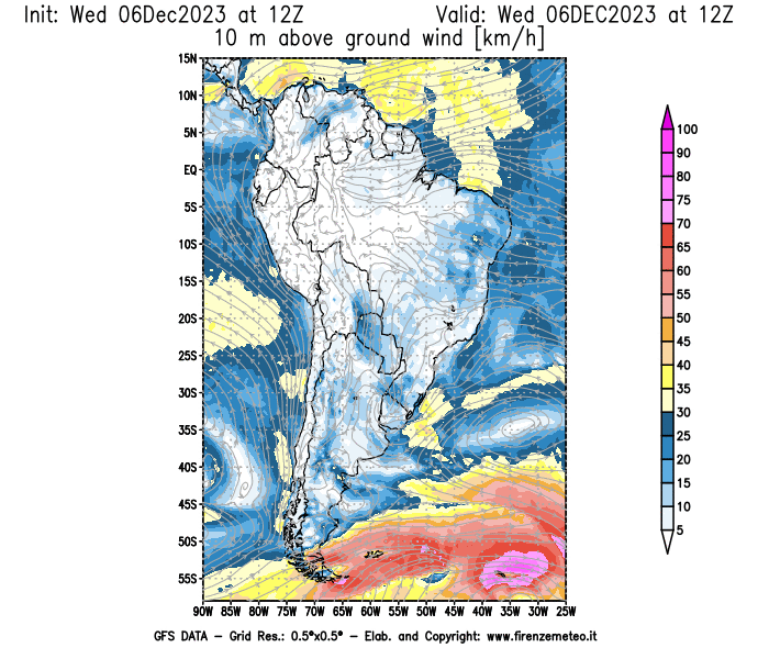 Mappa di analisi GFS - Velocità del vento a 10 metri dal suolo in Sud-America
							del 6 dicembre 2023 z12
