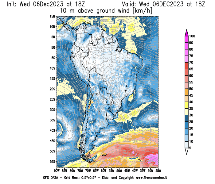 Mappa di analisi GFS - Velocità del vento a 10 metri dal suolo in Sud-America
							del 6 dicembre 2023 z18