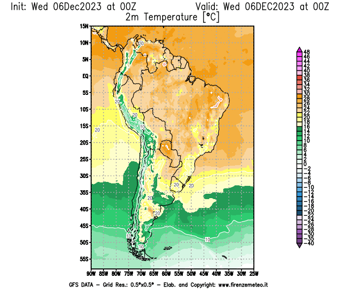 Mappa di analisi GFS - Temperatura a 2 metri dal suolo in Sud-America
							del 6 dicembre 2023 z00