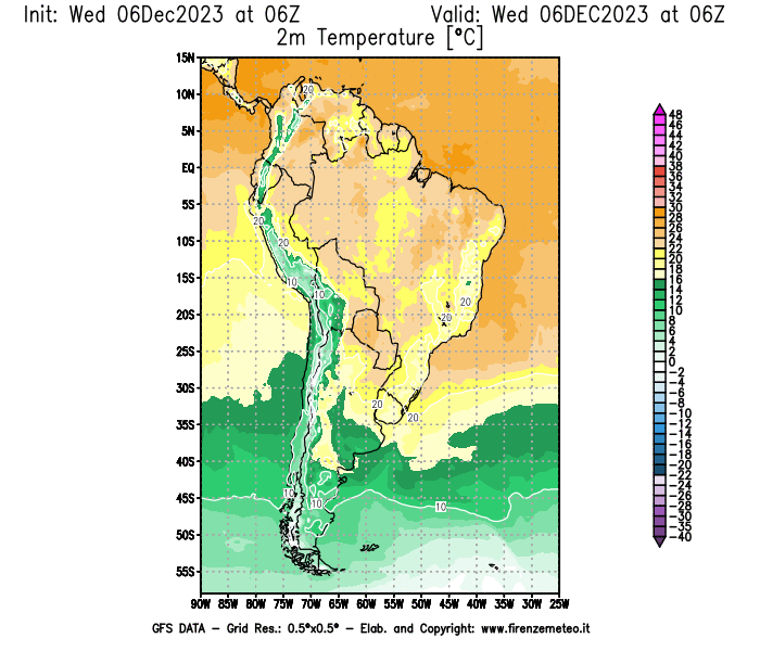 GFS analysi map - Temperature at 2 m above ground in South America
									on December 6, 2023 H06