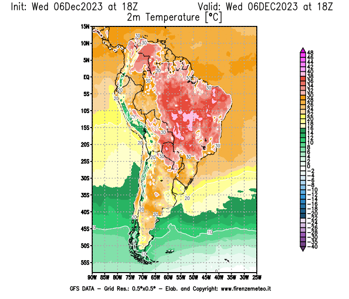 Mappa di analisi GFS - Temperatura a 2 metri dal suolo in Sud-America
							del 6 dicembre 2023 z18