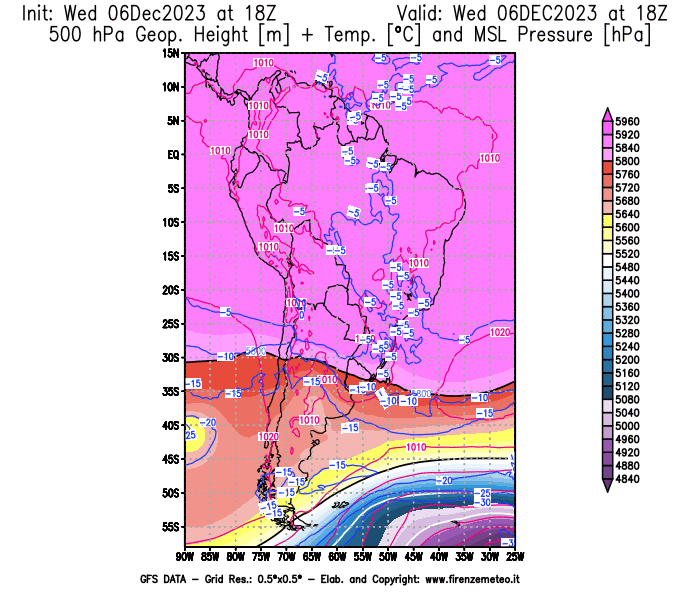 GFS analysi map - Geopotential + Temp. at 500 hPa + Sea Level Pressure in South America
									on December 6, 2023 H18