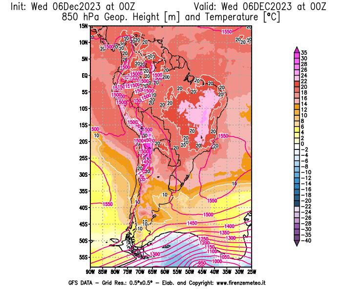 Mappa di analisi GFS - Geopotenziale e Temperatura a 850 hPa in Sud-America
							del 6 dicembre 2023 z00