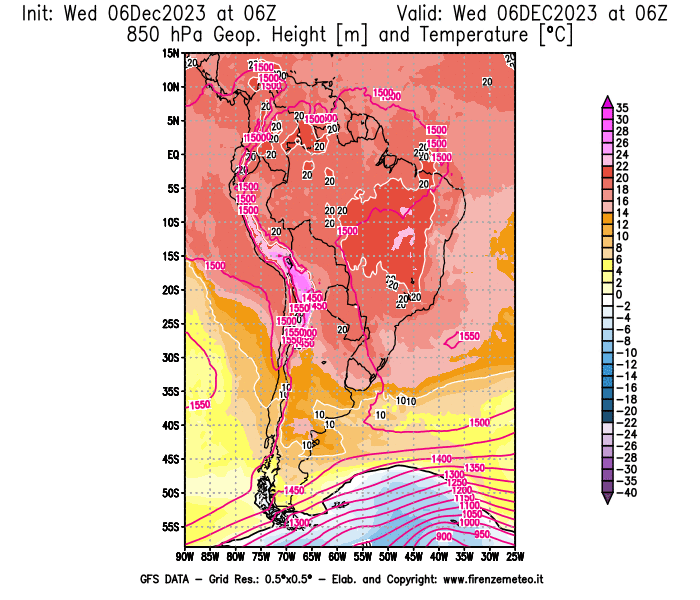 Mappa di analisi GFS - Geopotenziale e Temperatura a 850 hPa in Sud-America
							del 6 dicembre 2023 z06