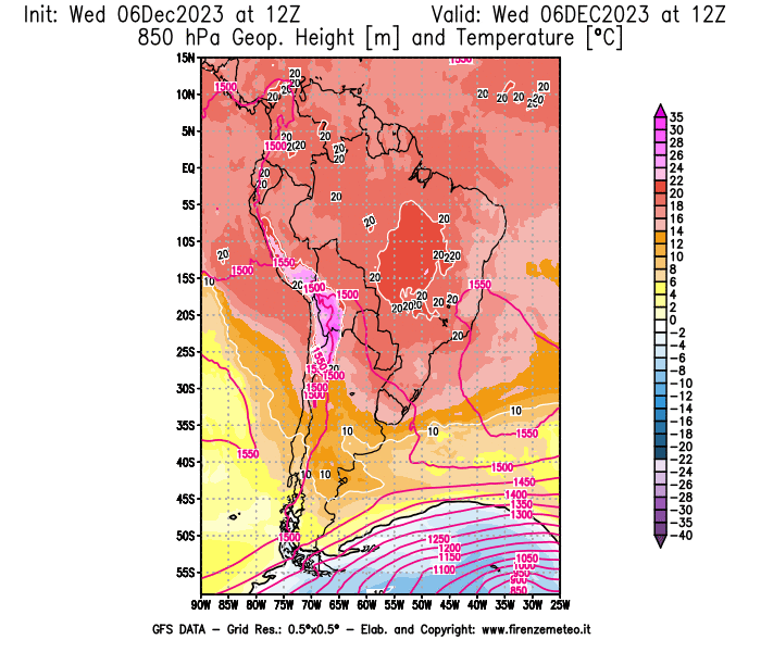 Mappa di analisi GFS - Geopotenziale e Temperatura a 850 hPa in Sud-America
							del 6 dicembre 2023 z12