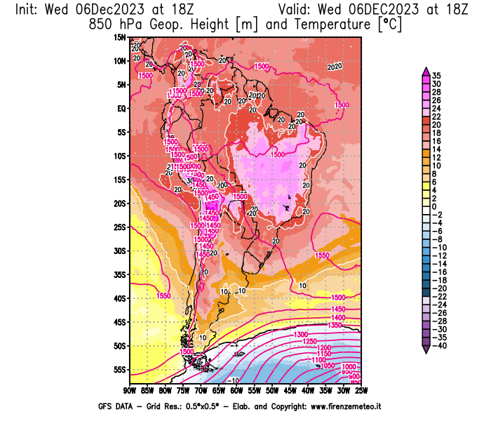 Mappa di analisi GFS - Geopotenziale e Temperatura a 850 hPa in Sud-America
							del 6 dicembre 2023 z18