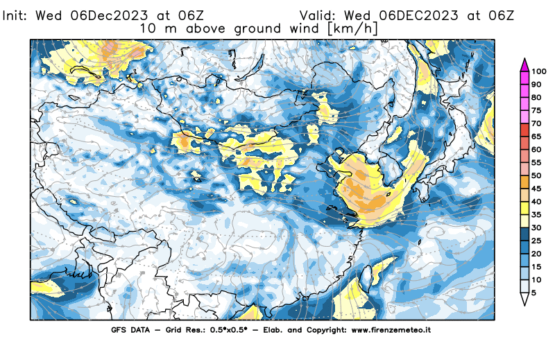 Mappa di analisi GFS - Velocità del vento a 10 metri dal suolo in Asia Orientale
							del 6 dicembre 2023 z06