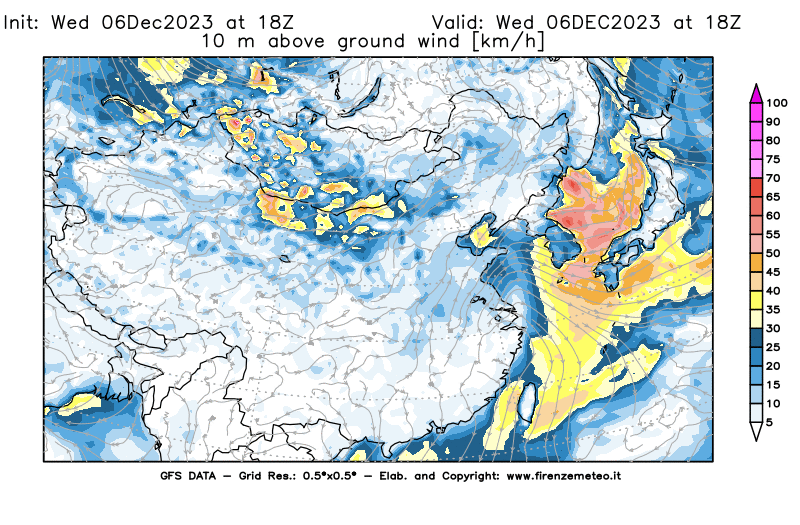 Mappa di analisi GFS - Velocità del vento a 10 metri dal suolo in Asia Orientale
							del 6 dicembre 2023 z18