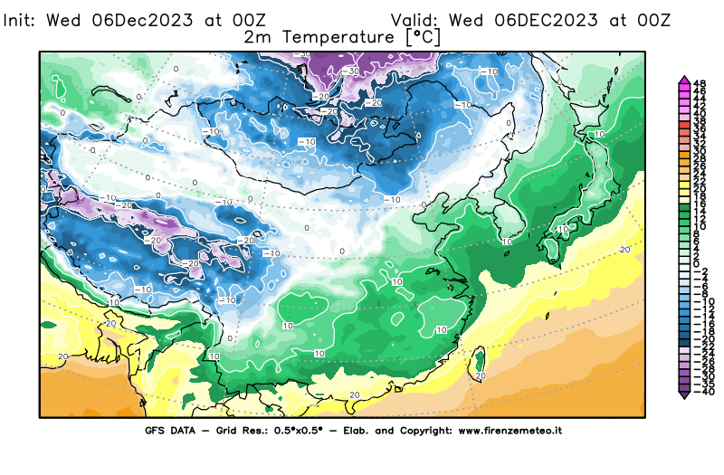 GFS analysi map - Temperature at 2 m above ground in East Asia
									on December 6, 2023 H00