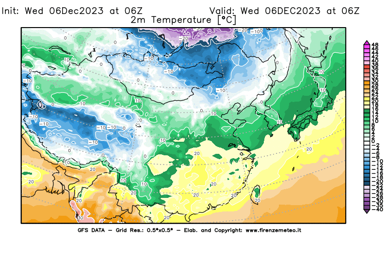 Mappa di analisi GFS - Temperatura a 2 metri dal suolo in Asia Orientale
							del 6 dicembre 2023 z06