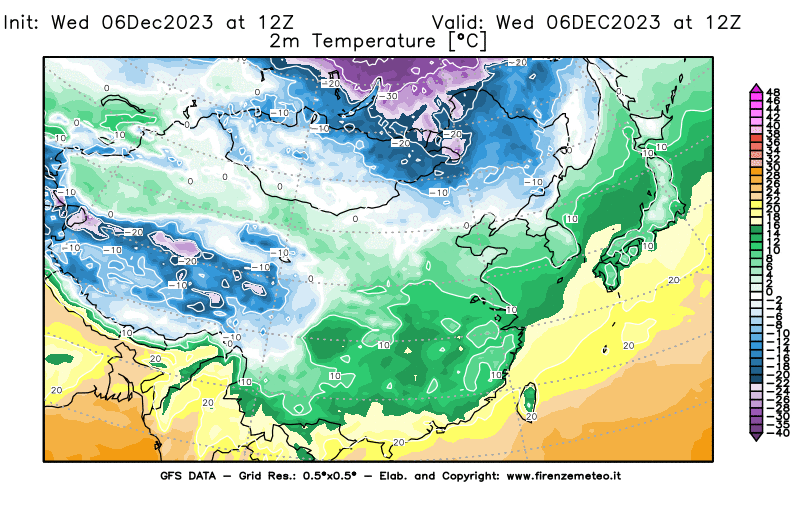 Mappa di analisi GFS - Temperatura a 2 metri dal suolo in Asia Orientale
							del 6 dicembre 2023 z12