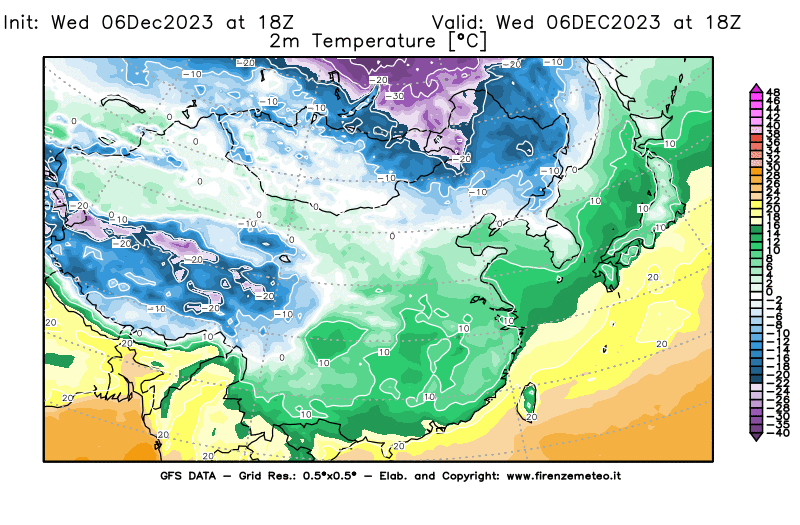 GFS analysi map - Temperature at 2 m above ground in East Asia
									on December 6, 2023 H18