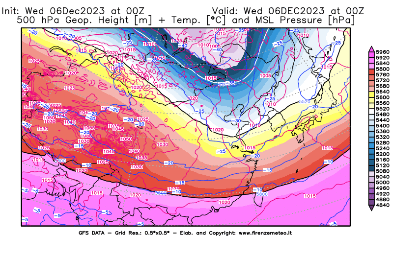 GFS analysi map - Geopotential + Temp. at 500 hPa + Sea Level Pressure in East Asia
									on December 6, 2023 H00