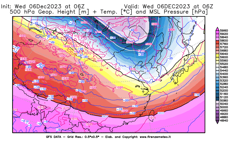 GFS analysi map - Geopotential + Temp. at 500 hPa + Sea Level Pressure in East Asia
									on December 6, 2023 H06