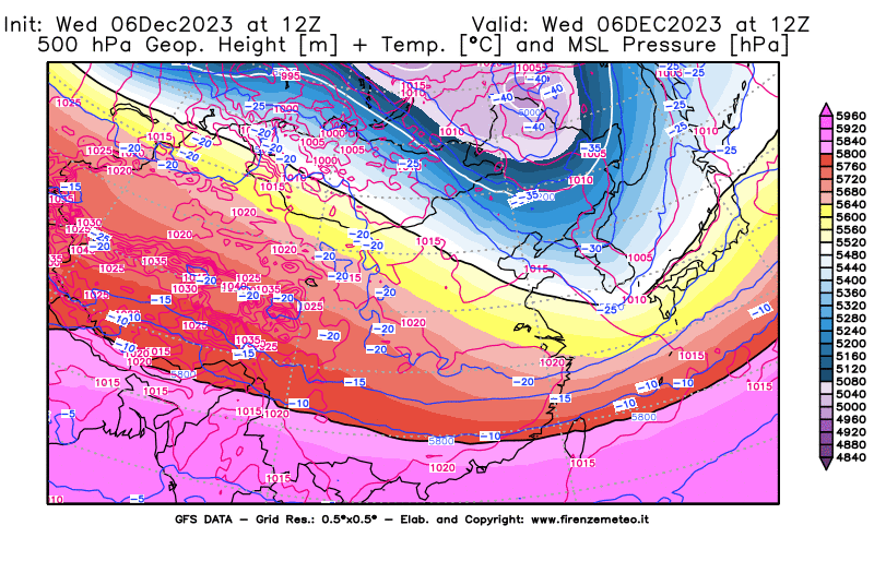 GFS analysi map - Geopotential + Temp. at 500 hPa + Sea Level Pressure in East Asia
									on December 6, 2023 H12