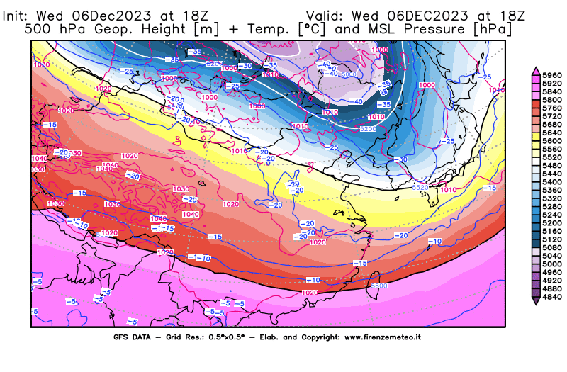 GFS analysi map - Geopotential + Temp. at 500 hPa + Sea Level Pressure in East Asia
									on December 6, 2023 H18
