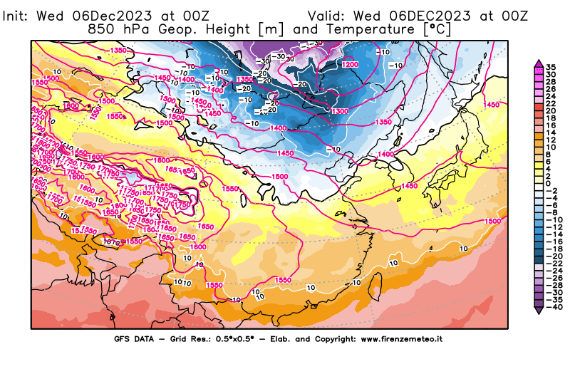GFS analysi map - Geopotential and Temperature at 850 hPa in East Asia
									on December 6, 2023 H00