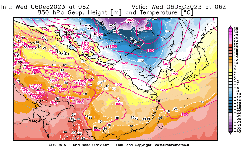 GFS analysi map - Geopotential and Temperature at 850 hPa in East Asia
									on December 6, 2023 H06