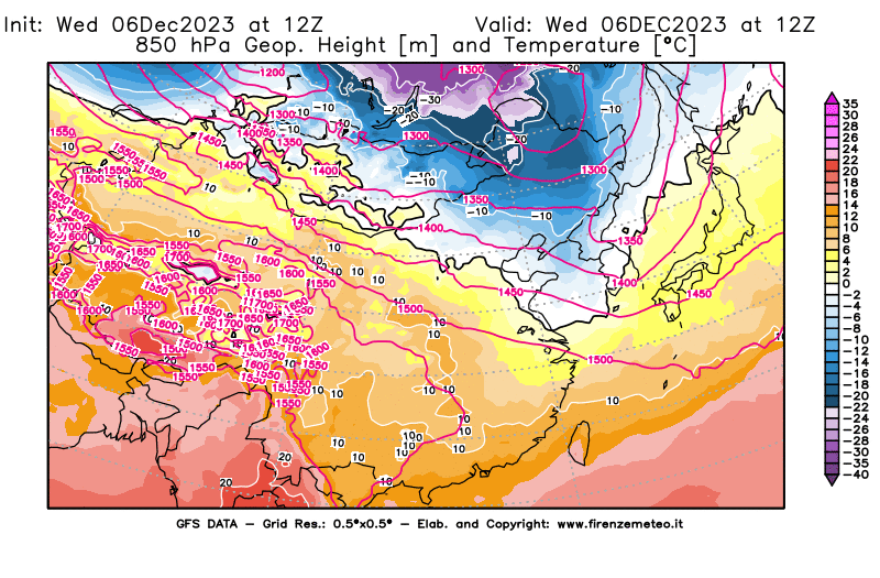 GFS analysi map - Geopotential and Temperature at 850 hPa in East Asia
									on December 6, 2023 H12