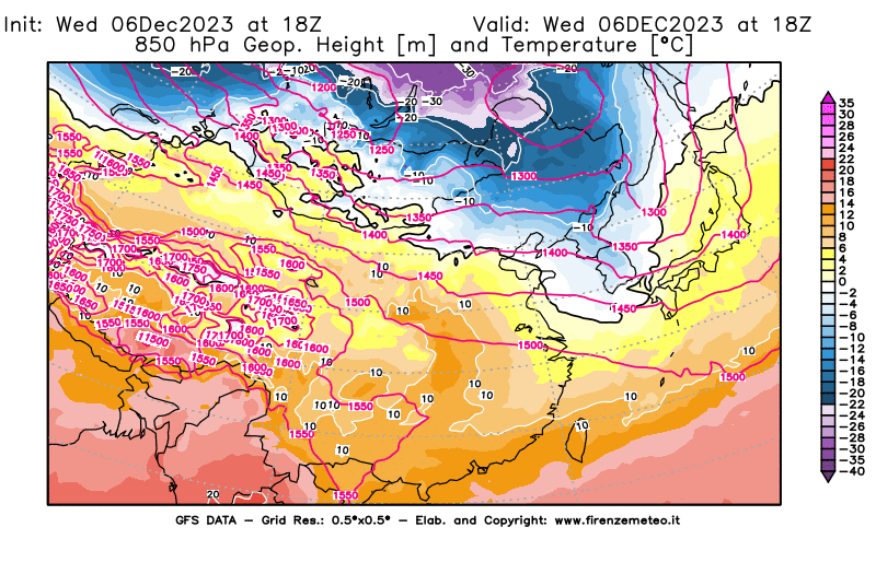 GFS analysi map - Geopotential and Temperature at 850 hPa in East Asia
									on December 6, 2023 H18