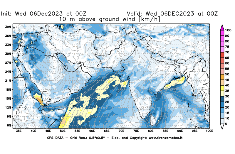 Mappa di analisi GFS - Velocità del vento a 10 metri dal suolo in Asia Sud-Occidentale
							del 6 dicembre 2023 z00