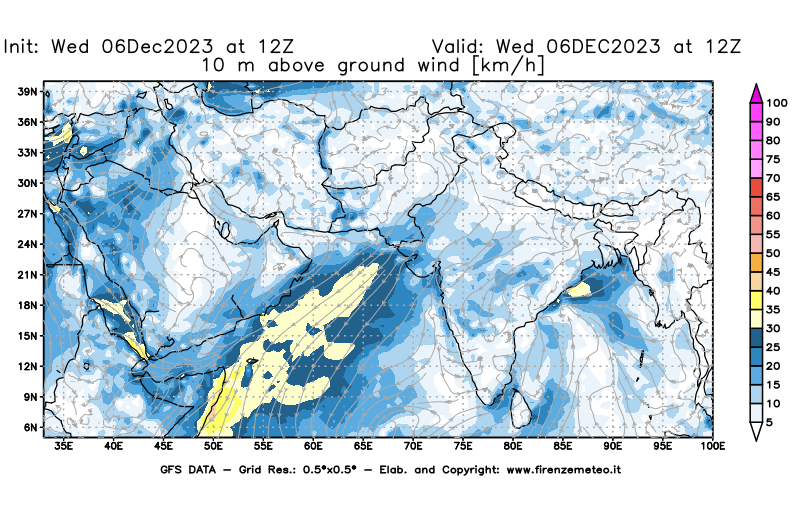 Mappa di analisi GFS - Velocità del vento a 10 metri dal suolo in Asia Sud-Occidentale
							del 6 dicembre 2023 z12