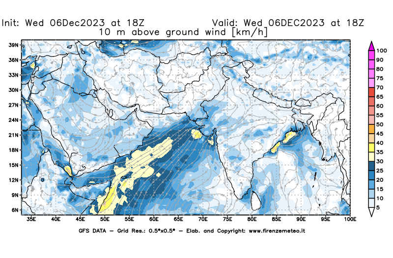 Mappa di analisi GFS - Velocità del vento a 10 metri dal suolo in Asia Sud-Occidentale
							del 6 dicembre 2023 z18