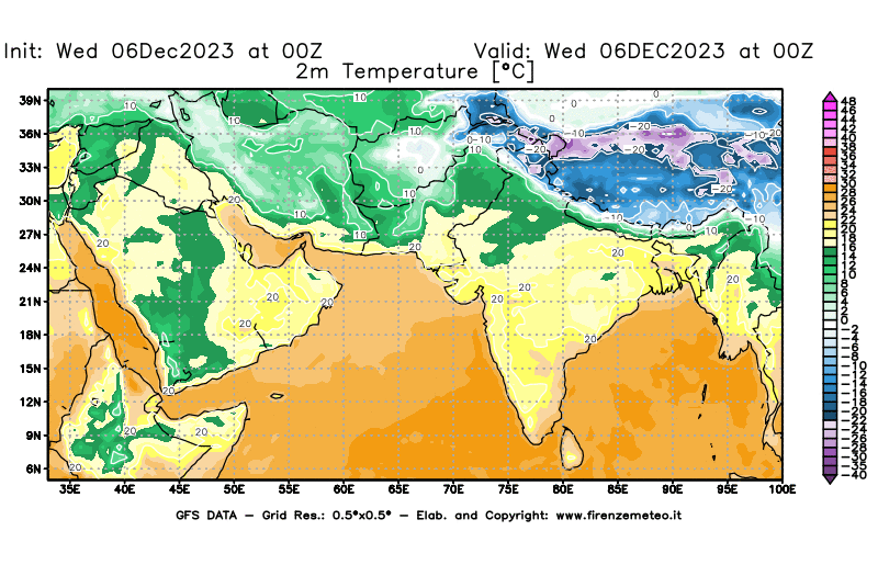 GFS analysi map - Temperature at 2 m above ground in South West Asia 
									on December 6, 2023 H00