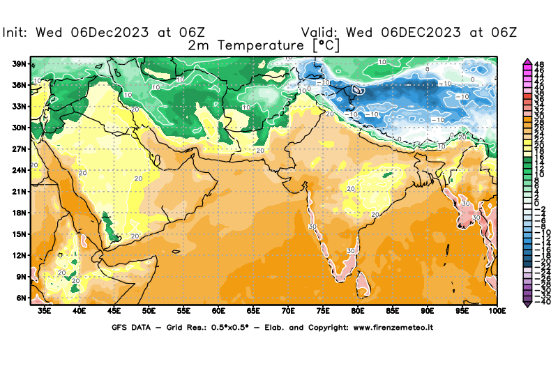 GFS analysi map - Temperature at 2 m above ground in South West Asia 
									on December 6, 2023 H06