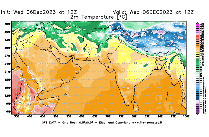 Mappa di analisi GFS - Temperatura a 2 metri dal suolo in Asia Sud-Occidentale
							del 6 dicembre 2023 z12